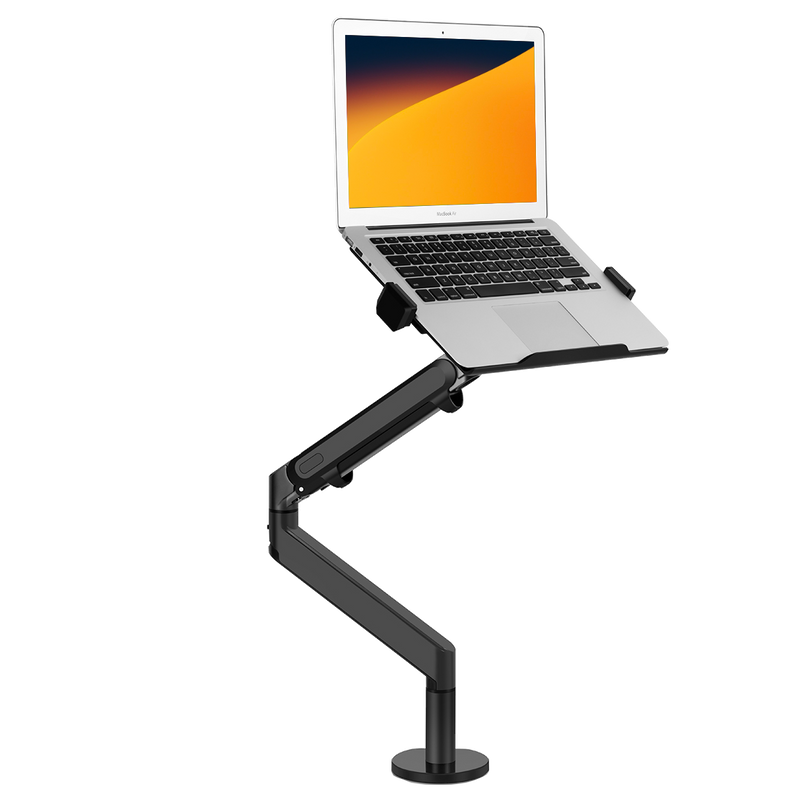 Alberenz dark grey laptop and monitor arm with gas spring mounted on a desk