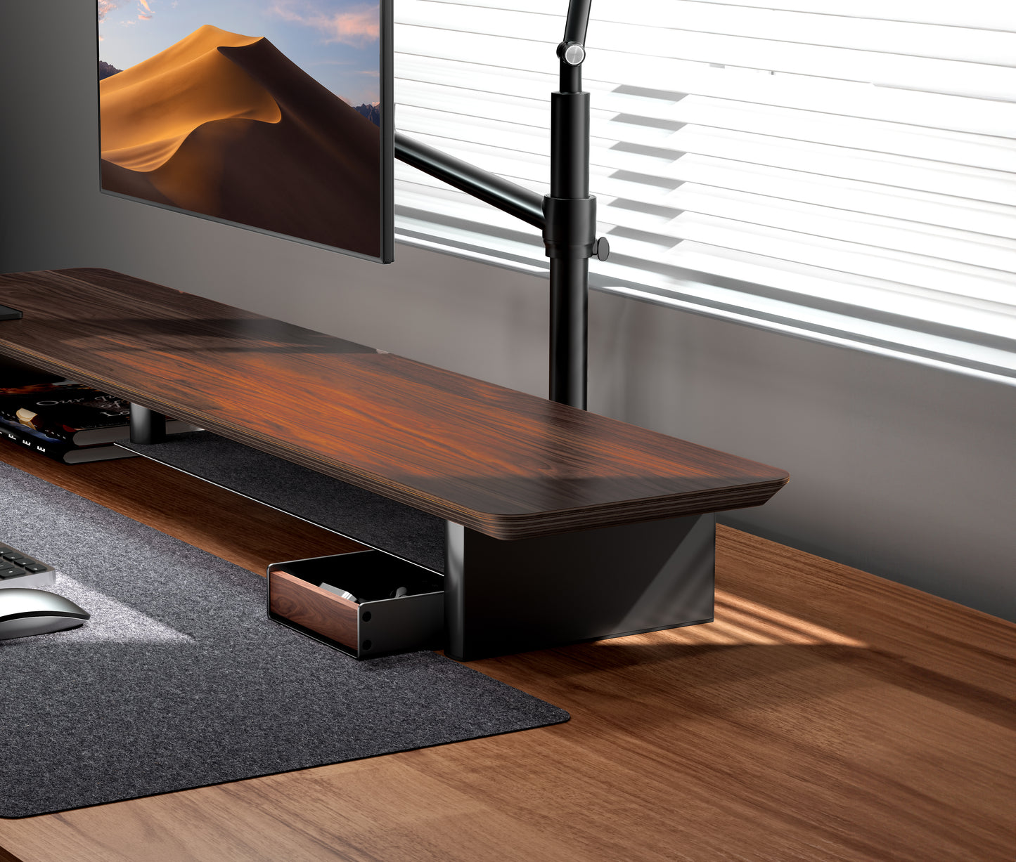 Ergo Starter Bundle – Single Monitor Arm (Dark Grey) + Walnut Monitor Riser