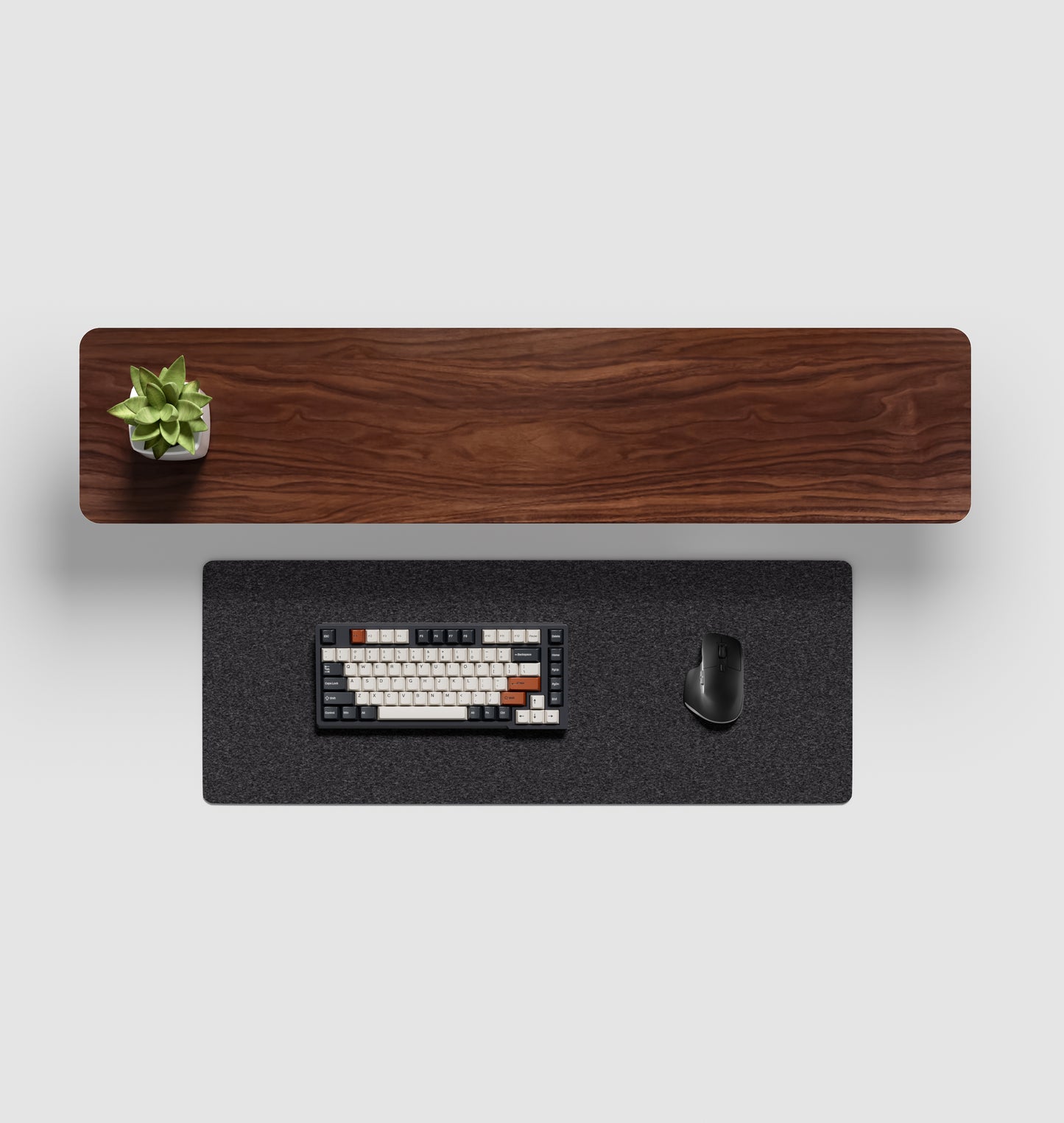 Ergo Starter Bundle – Single Monitor Arm (Dark Grey) + Walnut Monitor Riser