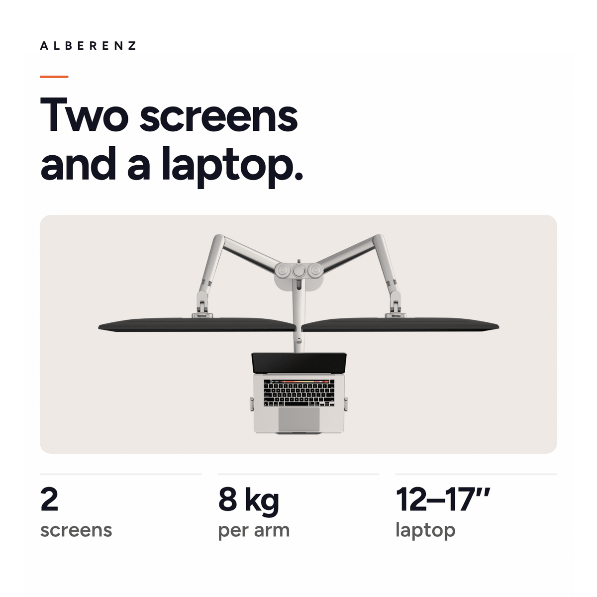 Alberenz dual monitor arm with laptop tray, silver: two screens up to 8 kg per arm and a 12 to 17 inch laptop