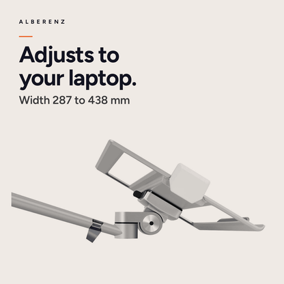 Alberenz dual monitor arm with laptop tray, silver: adjustable laptop tray, width 287 to 438 mm