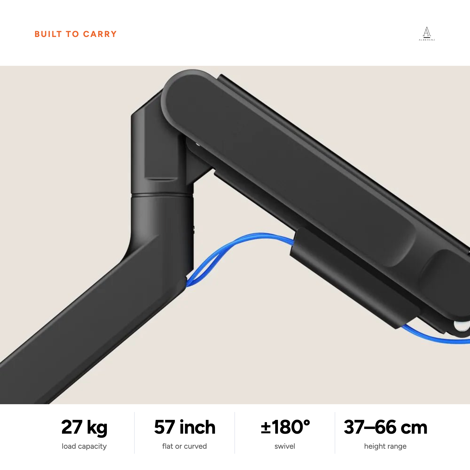 Alberenz Heavy Duty monitor arm: 27 kg load capacity, up to 57 inches, 180 degree swivel
