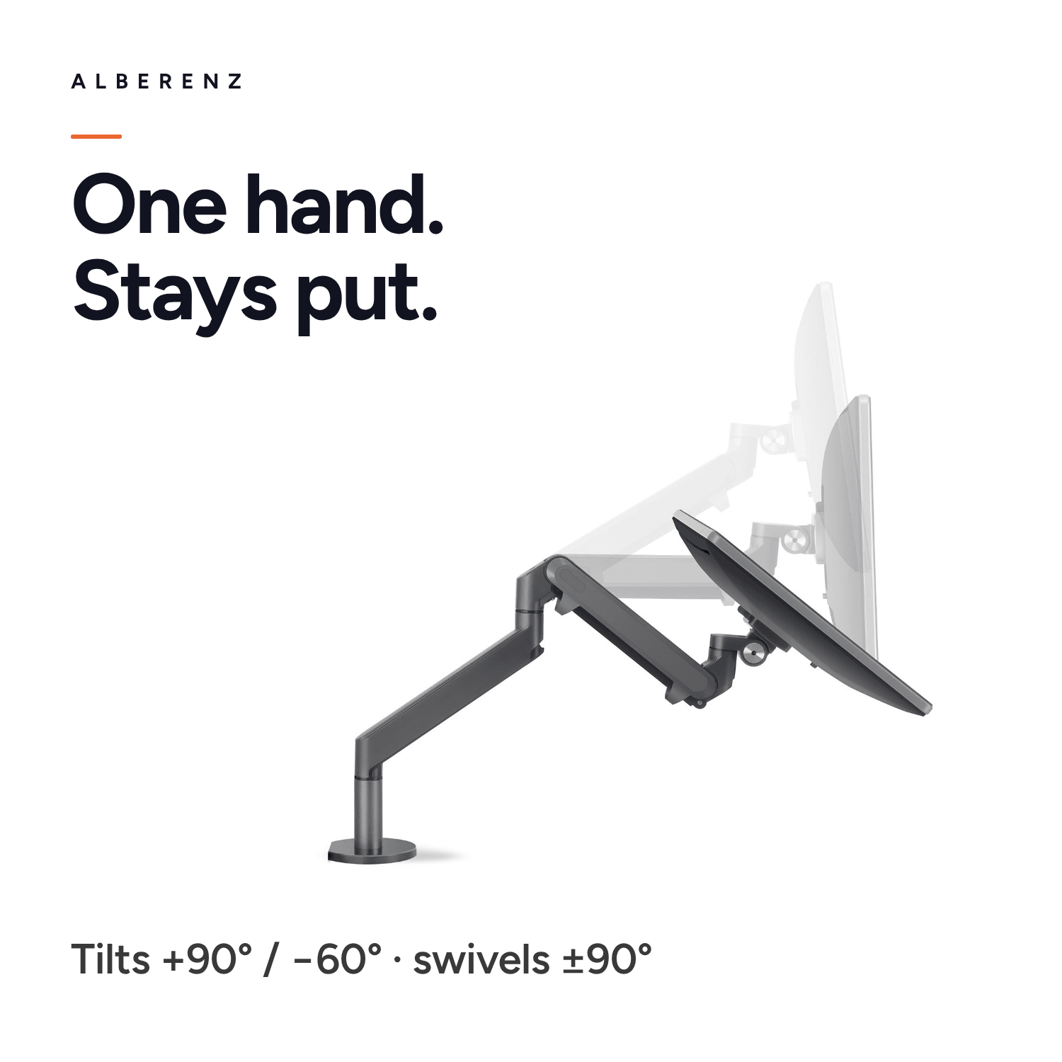 Alberenz monitor arm and walnut riser: tilts +90/−60 degrees and swivels ±90 degrees with one hand