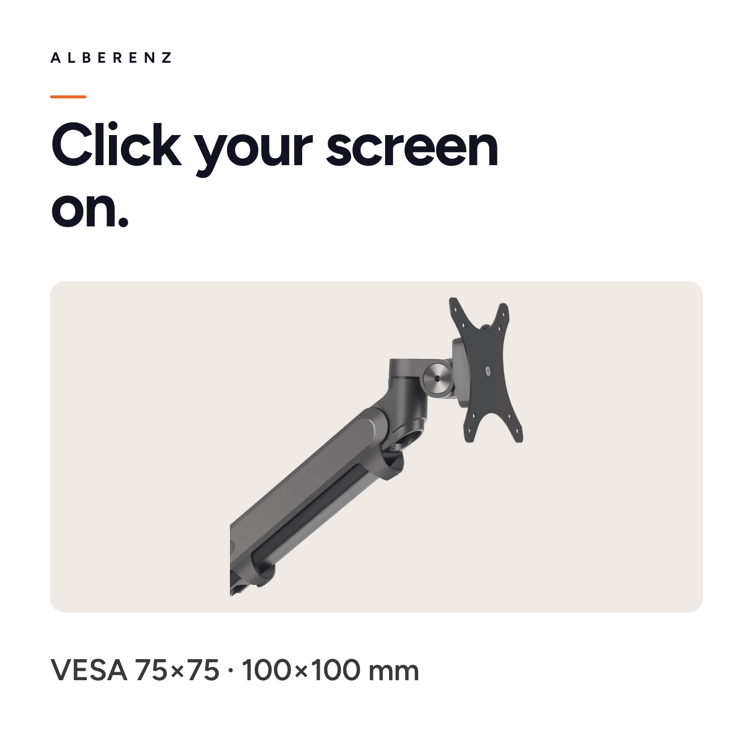 Alberenz gas spring monitor arm dark grey with walnut monitor riser: VESA head 75x75 and 100x100 mm