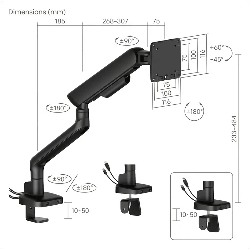 Alberenz® Einzelner Monitorarm mit USB-C & USB-A — Schwarz