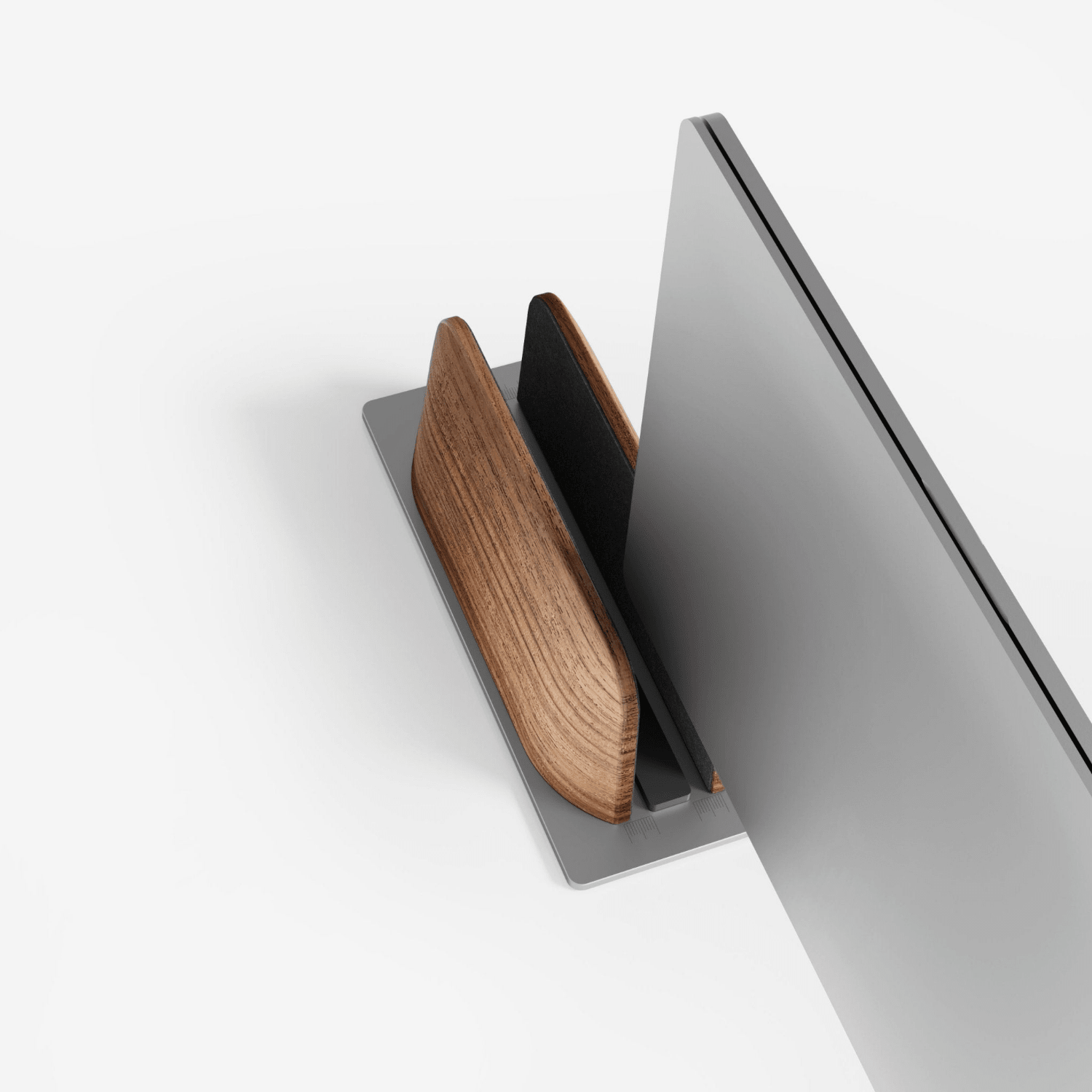 Alberenz vertical laptop stand in walnut: angled view from above with laptop