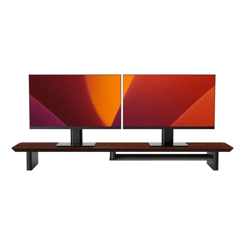 Alberenz walnut monitor riser for 2 screens, front view with two screens