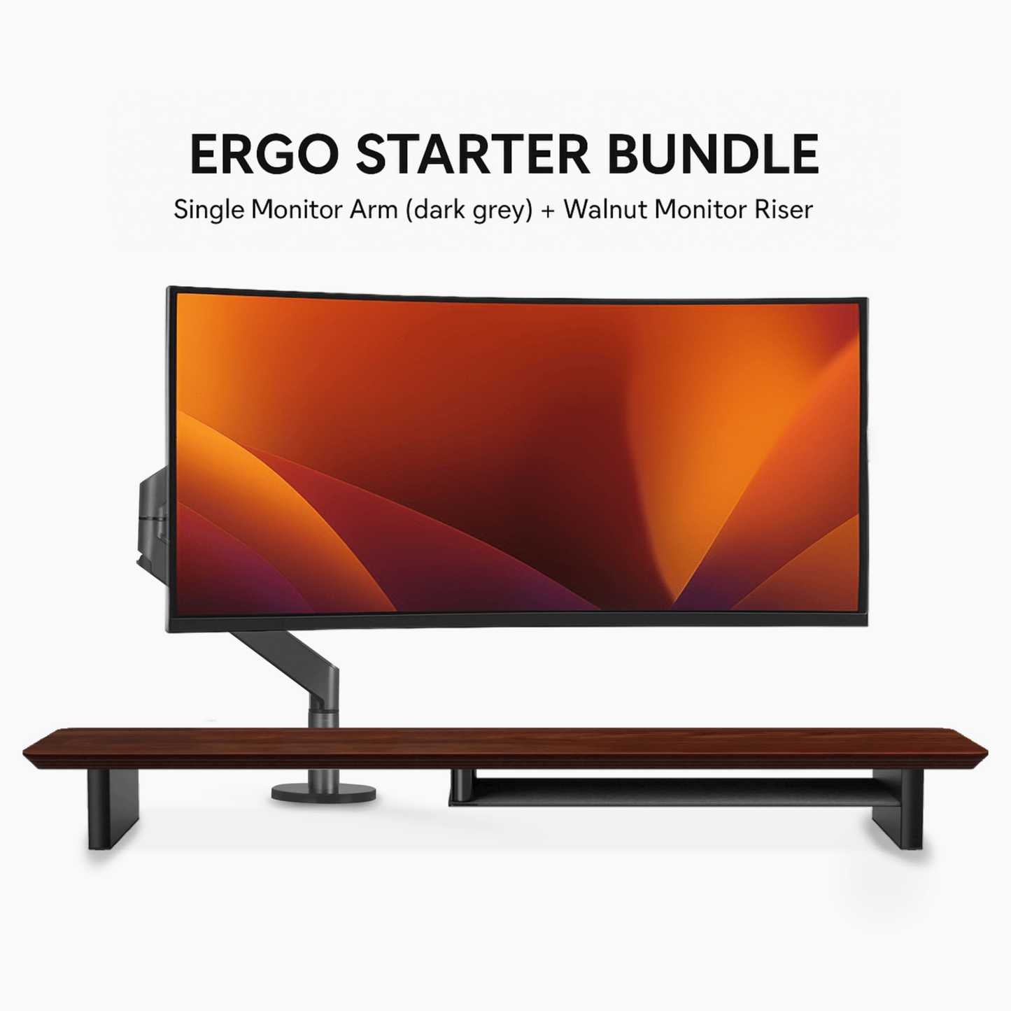 Ergo Starter Bundle – Single Monitor Arm (Dark Grey) + Walnut Monitor Riser - Alberenz - Bundle