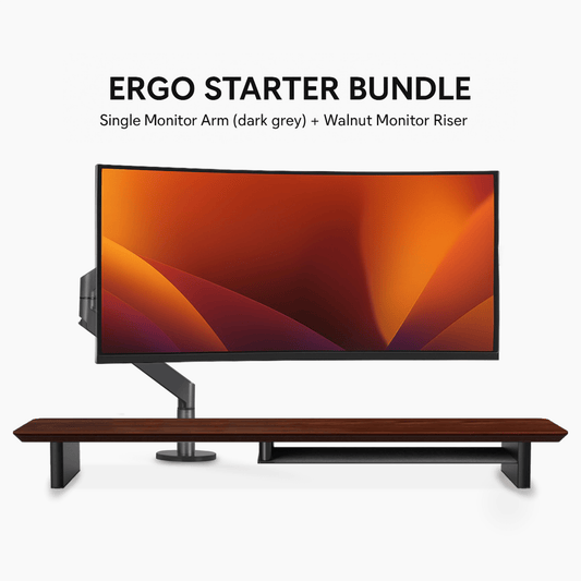 Ergo Starter Bundle – Single Monitor Arm (Dark Grey) + Walnut Monitor Riser - Alberenz - Bundle